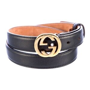 Gucci Interlocking G Black Leather Women's Belt w/ gold hardware